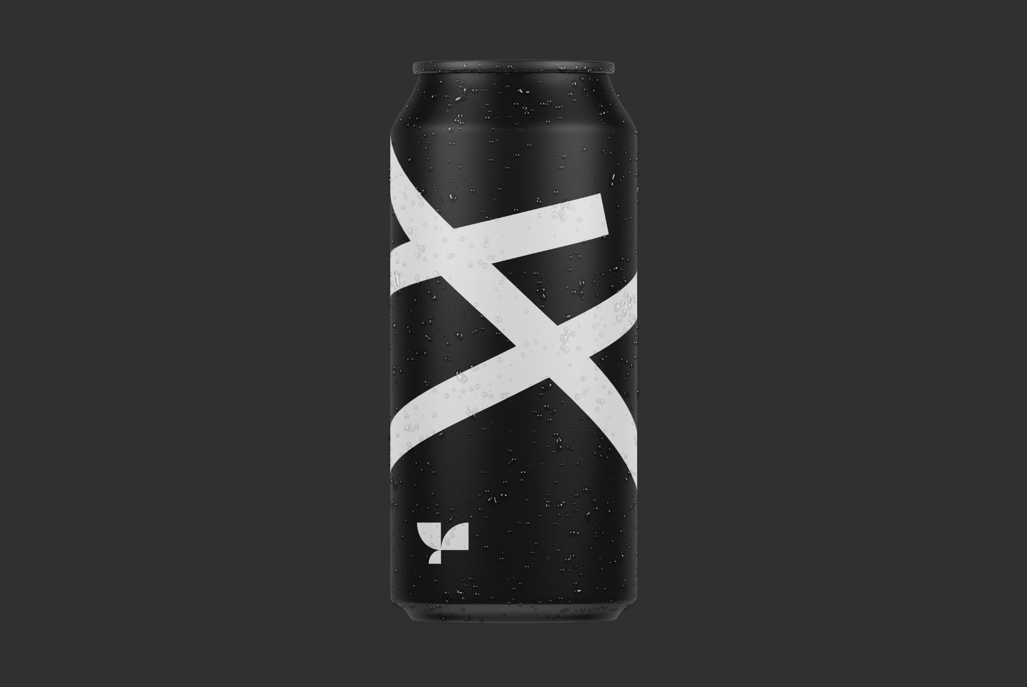 Black can mockup with white strips design and water droplets on dark background, ideal for beverage packaging and branding graphics.