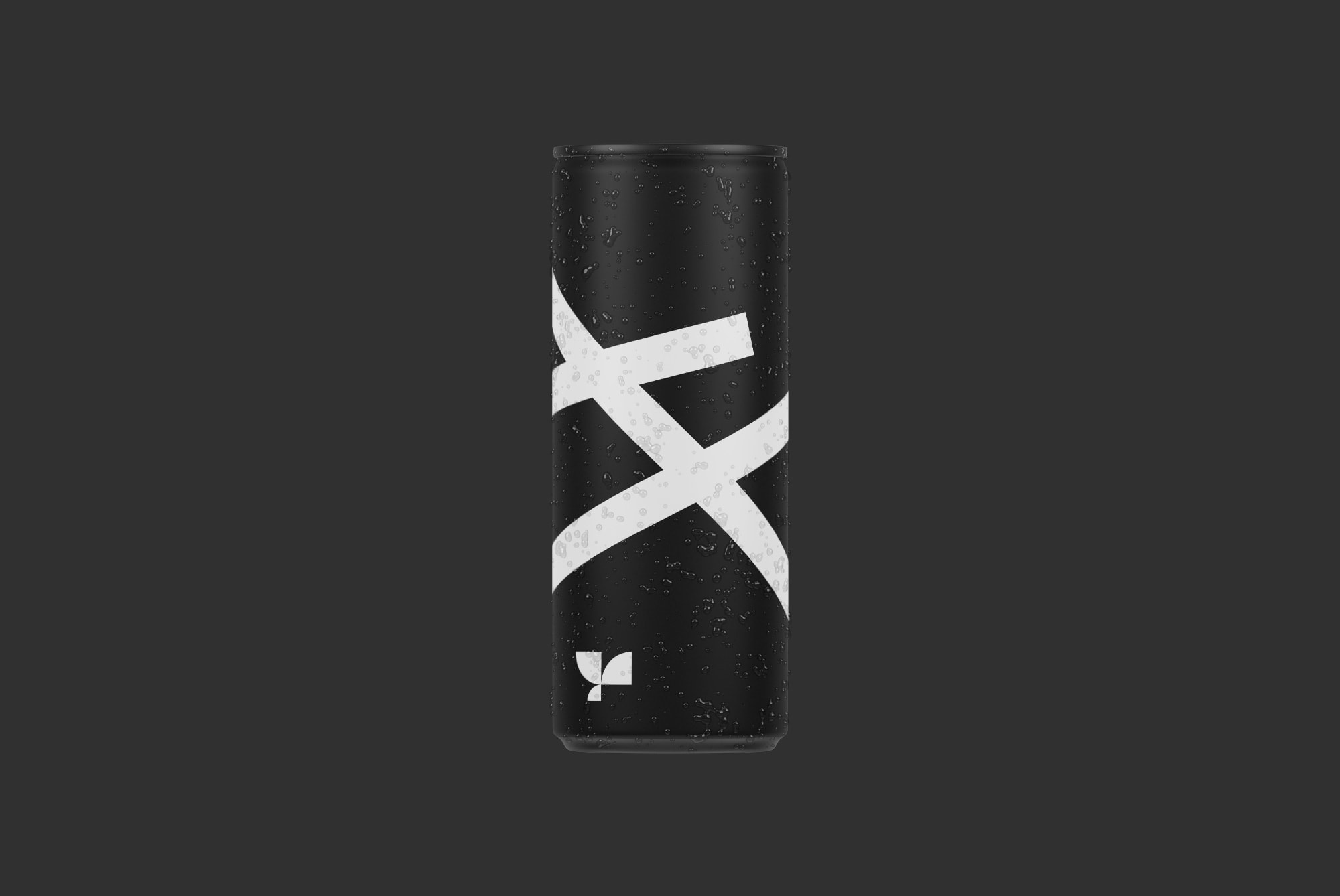 Sleek black beverage can mockup with white abstract design, condensation droplets, dark background, perfect for product packaging design presentations.