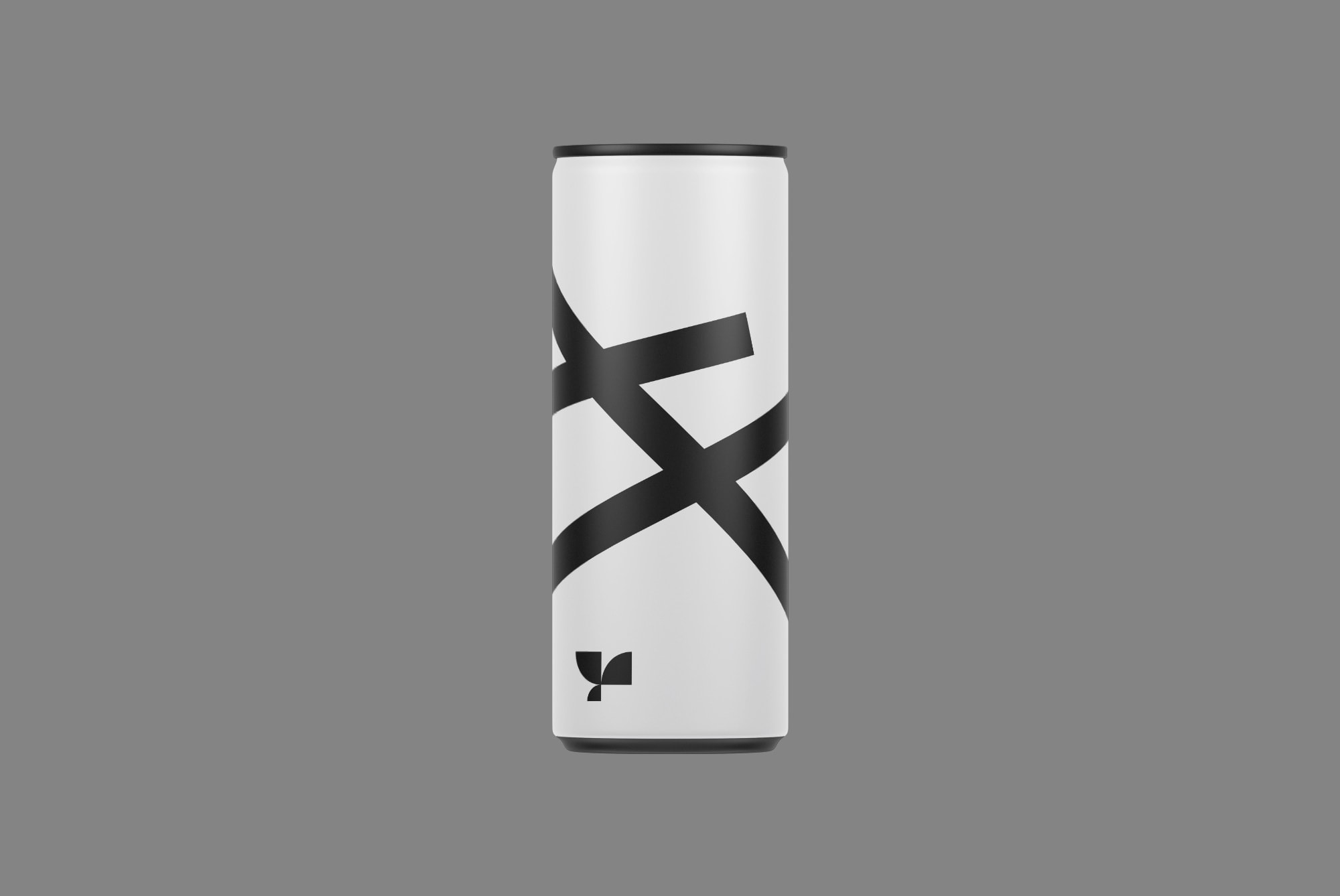 Blank drink can mockup with abstract black pattern, ideal for branding presentations and packaging design mockups, displayed on a gray background.