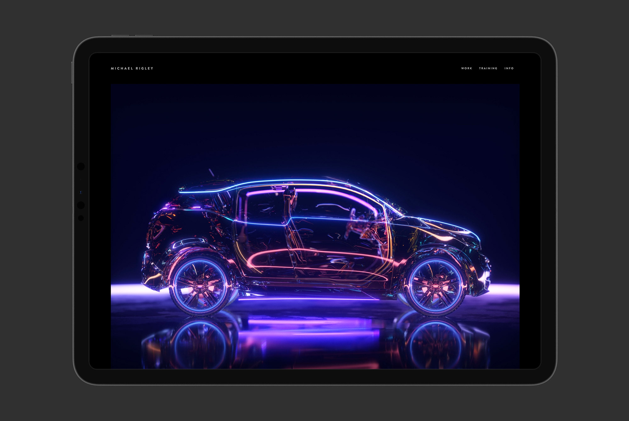 ALT: Digital mockup of a futuristic car with neon lighting effects displayed on a tablet screen, ideal for design presentations in vehicle graphics.