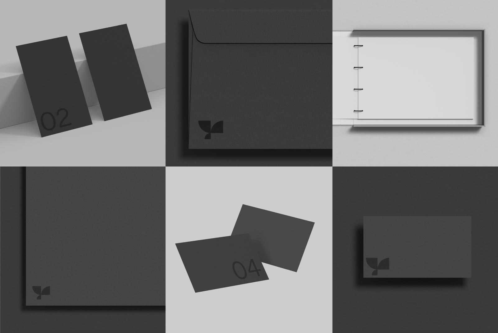 Stationery mockup collection with a minimalist black design including business cards, folder, notebook, and envelope for branding presentations.