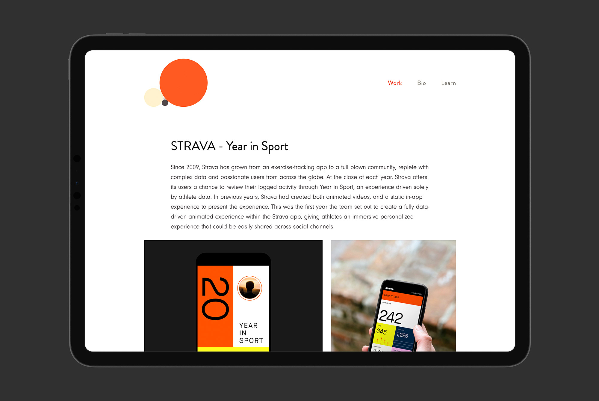 Webpage template design featuring tablet screen with Strava app Year in Sport content, modern interface, interaction design, responsive mockup.