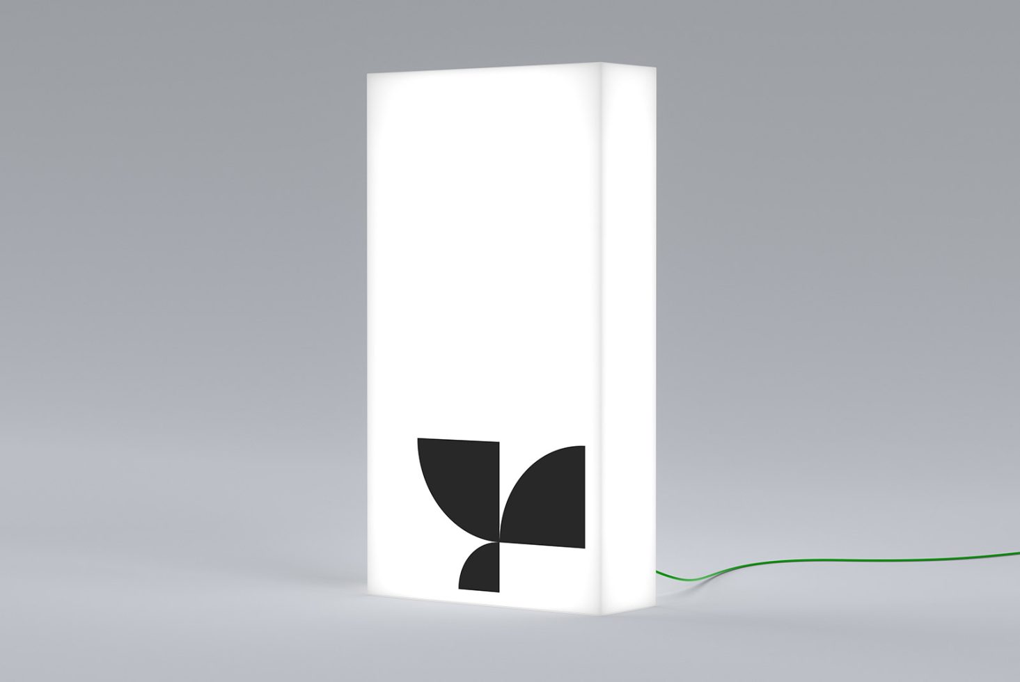 White rectangular product box with black geometric petal design element
