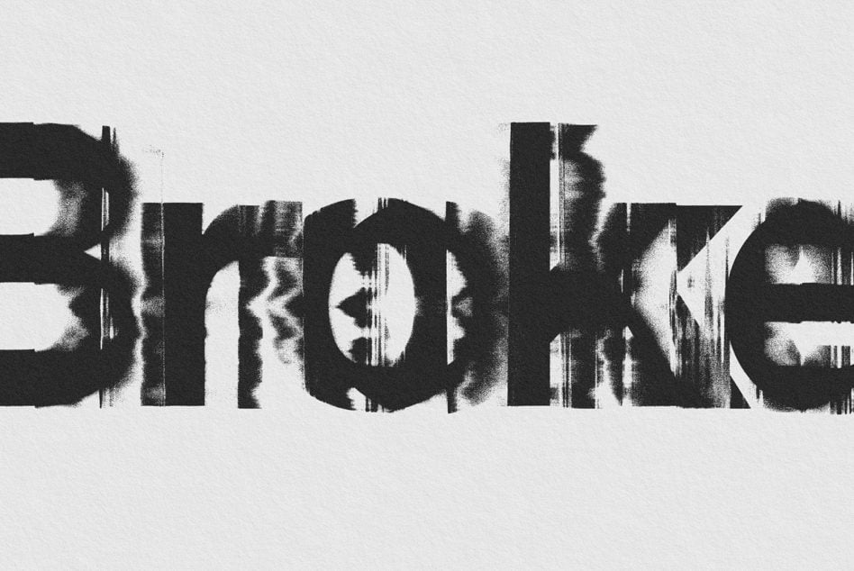 Bold distorted typography on light background with vertical scan lines