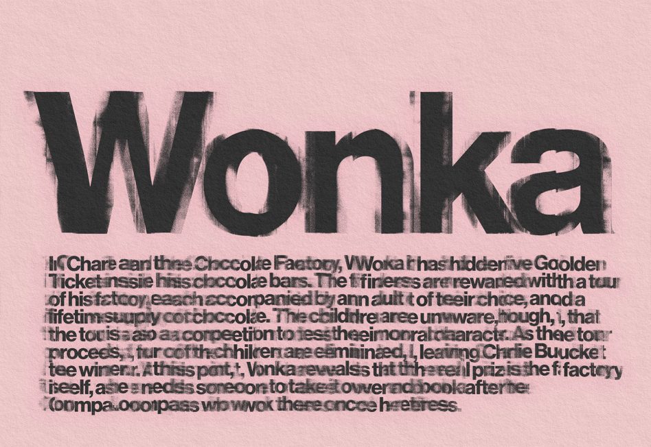 Pink background with big bold black letters spelling WONKA surrounded by small overlaid text