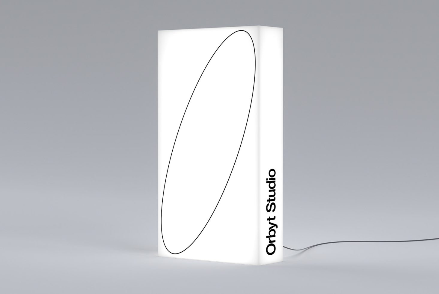 Minimalist standing lamp design mockup with unique elliptical graphic and branding space, ideal for product presentation for designers.