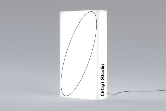 Minimalist standing lamp design mockup with unique elliptical graphic and branding space, ideal for product presentation for designers.