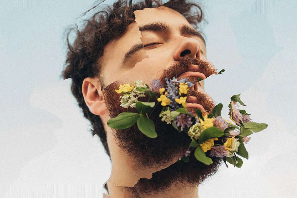 Creative portrait of man with flowers in beard for graphic design templates, concept art, digital assets, eco-friendly and nature-themed designs.