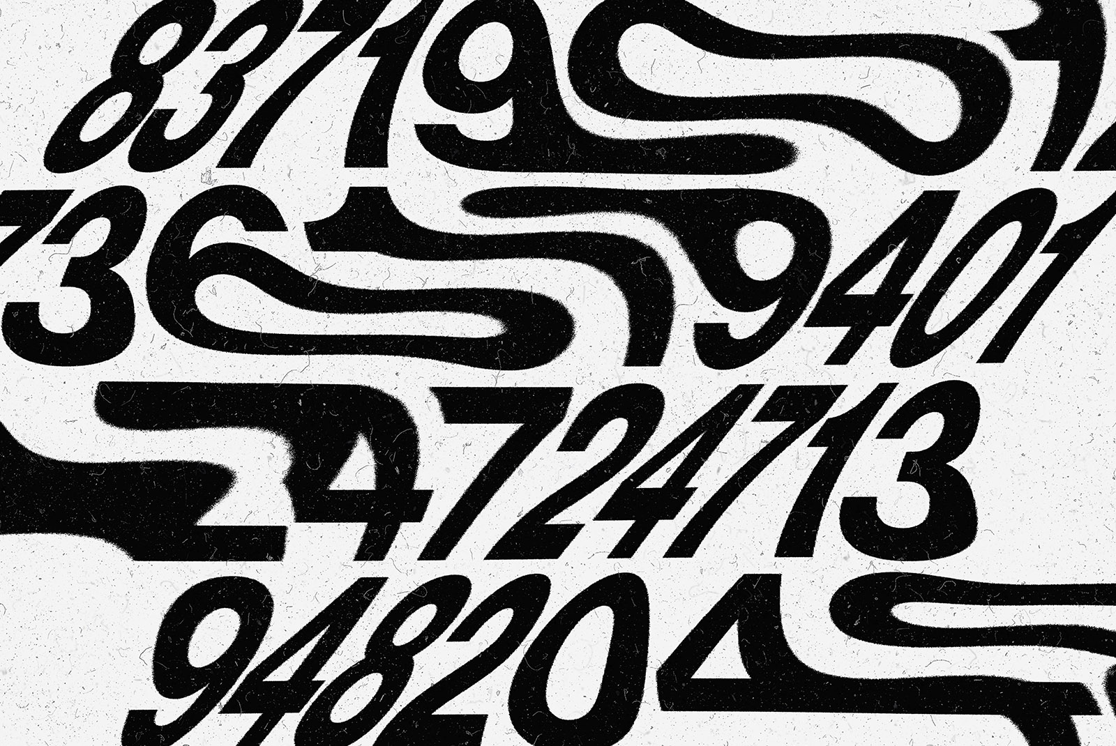 Dynamic black and white distorted number font design, ideal for bold graphic projects, modern typography mockup for designer portfolio.