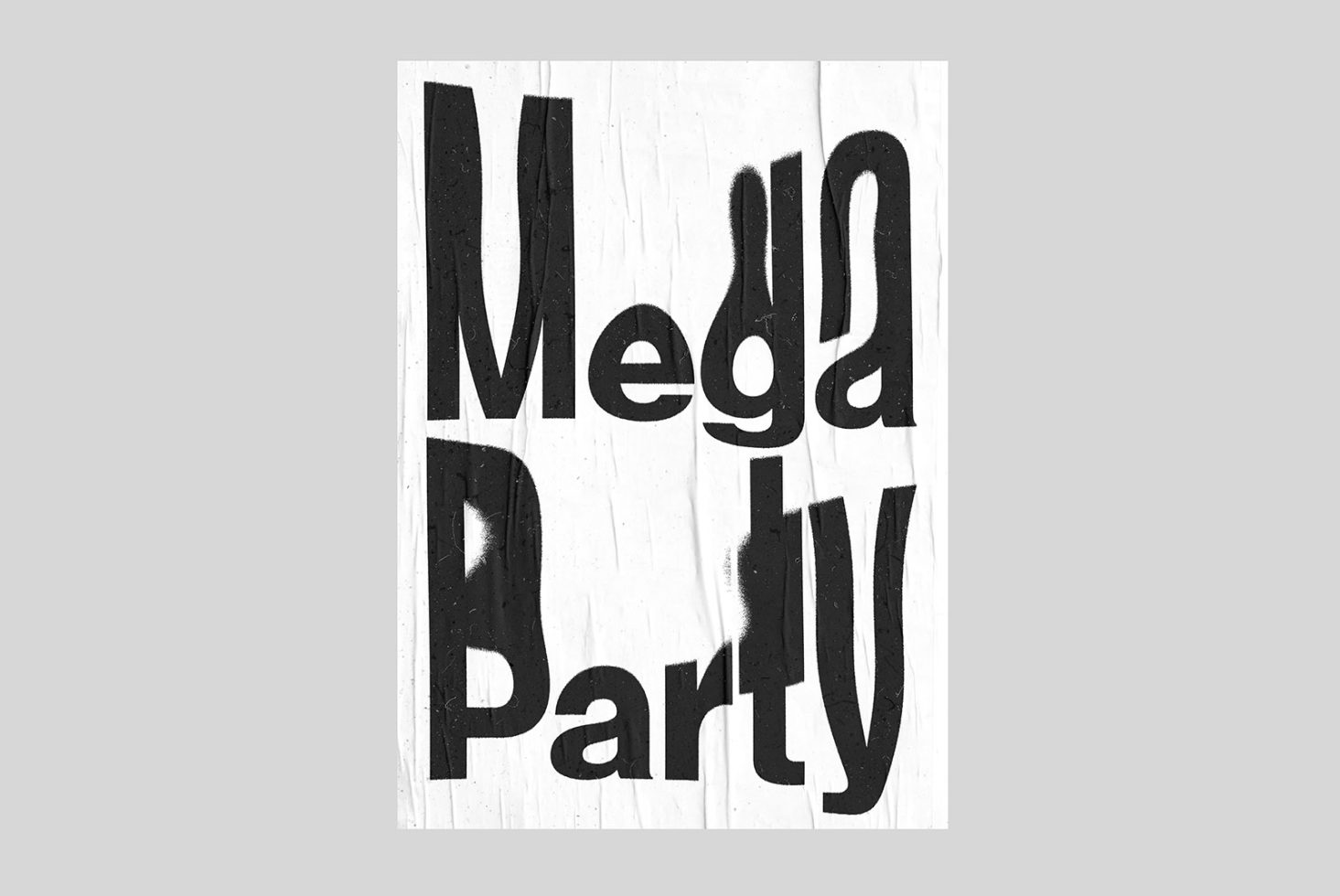 Grunge style typography template with the words Mega Party on a textured backdrop, ideal for event poster mockups or graphic design.