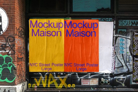 Urban poster mockup on NYC street with colorful layers, graffiti, and brick wall texture for graphic designers and template showcasing.
