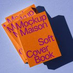 Orange softcover book mockup stack with purple text on a blue background, ideal for graphic designers to display cover designs.