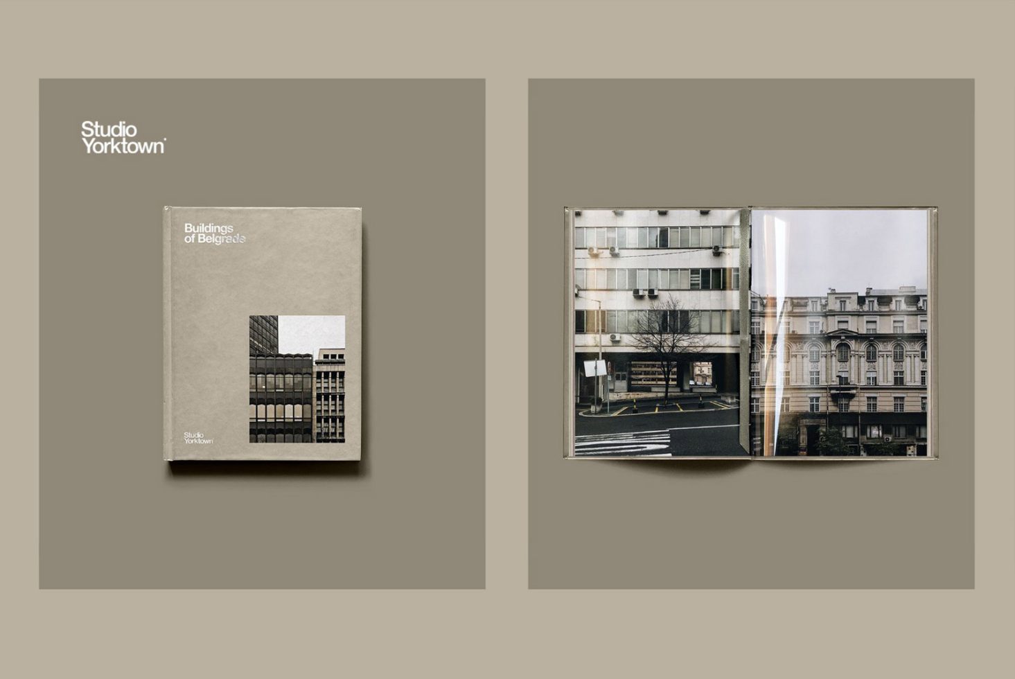 Elegant book mockup featuring architecture theme with stylish cover and urban photography spread, perfect for showcasing design portfolios.