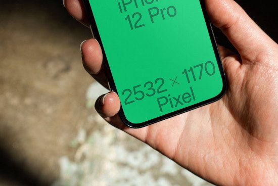 Hand holding iPhone 12 Pro mockup with screen resolution text for design showcase, digital asset, smartphone template graphic.