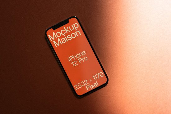 Smartphone screen mockup on an orange background displaying design resolution specs, ideal for designers looking to showcase apps or web designs.