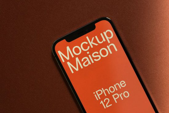 iPhone 12 Pro smartphone mockup on brown background, modern screen display for design presentation, digital asset for designers.