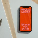 Smartphone mockup on desk with pen and paper, modern digital design mockup, iPhone mini 2020 model display, graphic design mockups.