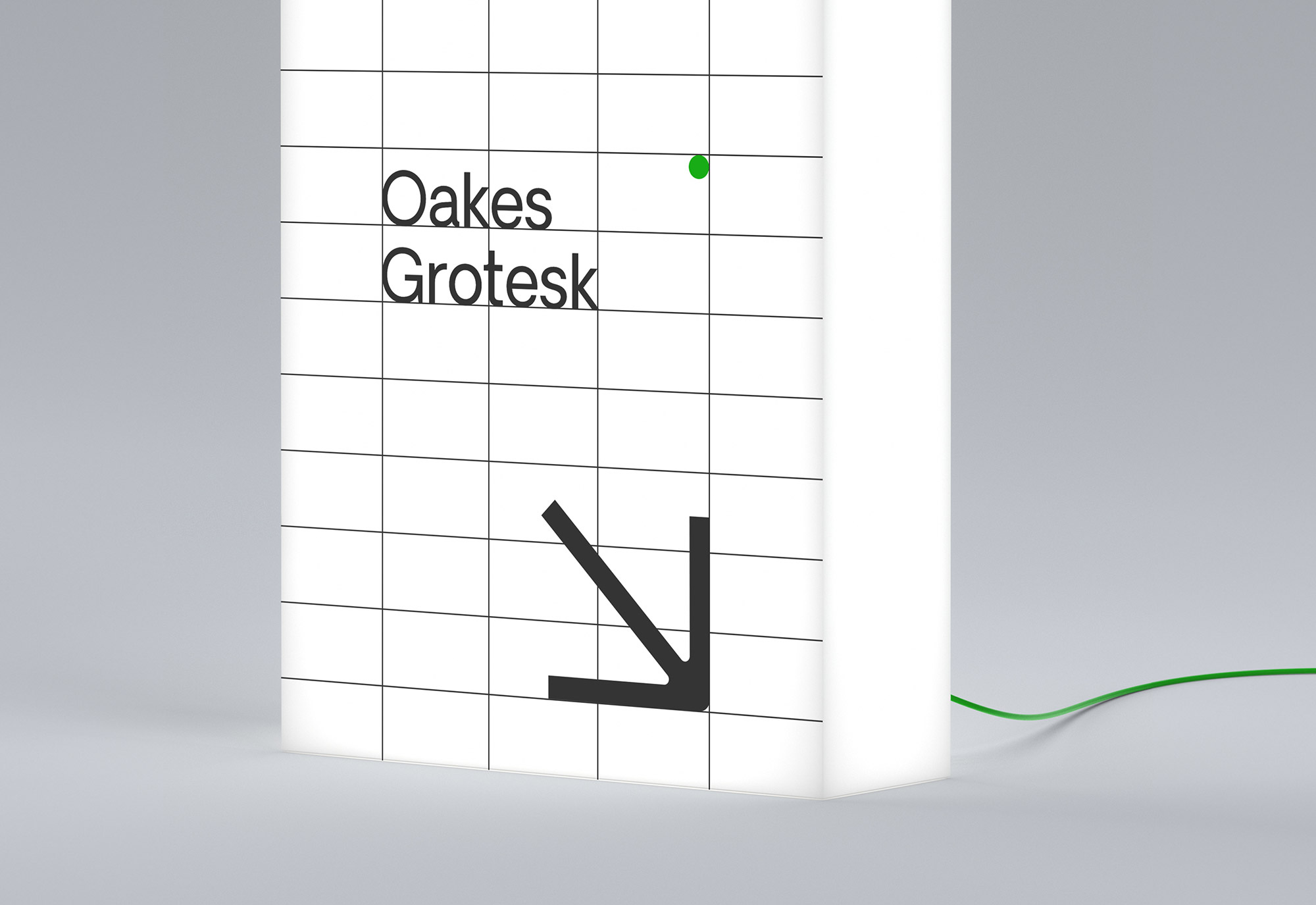 Modern sans-serif font Oakes Grotesk displayed on a white 3D curved wall with grid lines and shadow effect, ideal for branding and design mockups.
