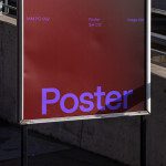 Outdoor billboard mockup displaying a red poster with purple text, ideal for designers to showcase advertising designs in a realistic urban setting.