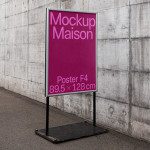 Outdoor poster mockup standing on a pavement against a concrete wall, suitable for designers to display graphics and branding work.