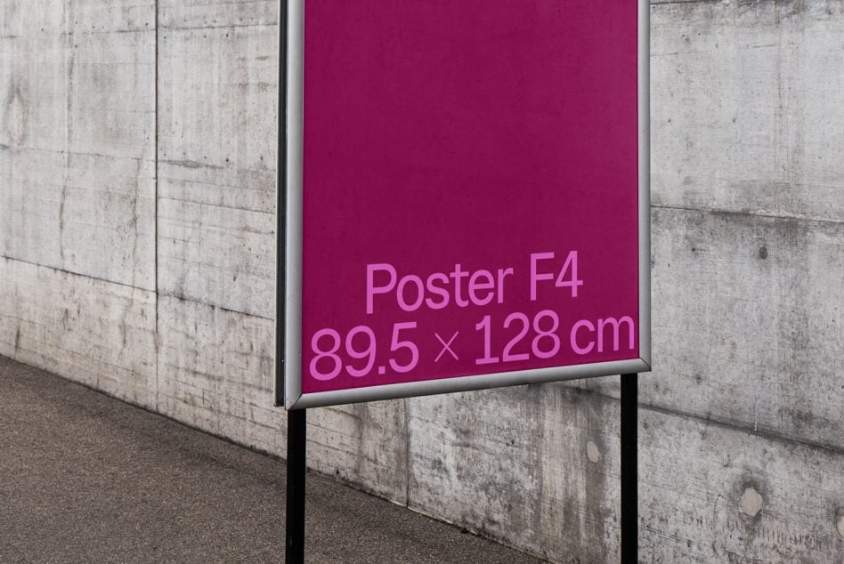 Magenta poster mounted on concrete wall shows F4 size dimensions 89.5 x 128cm