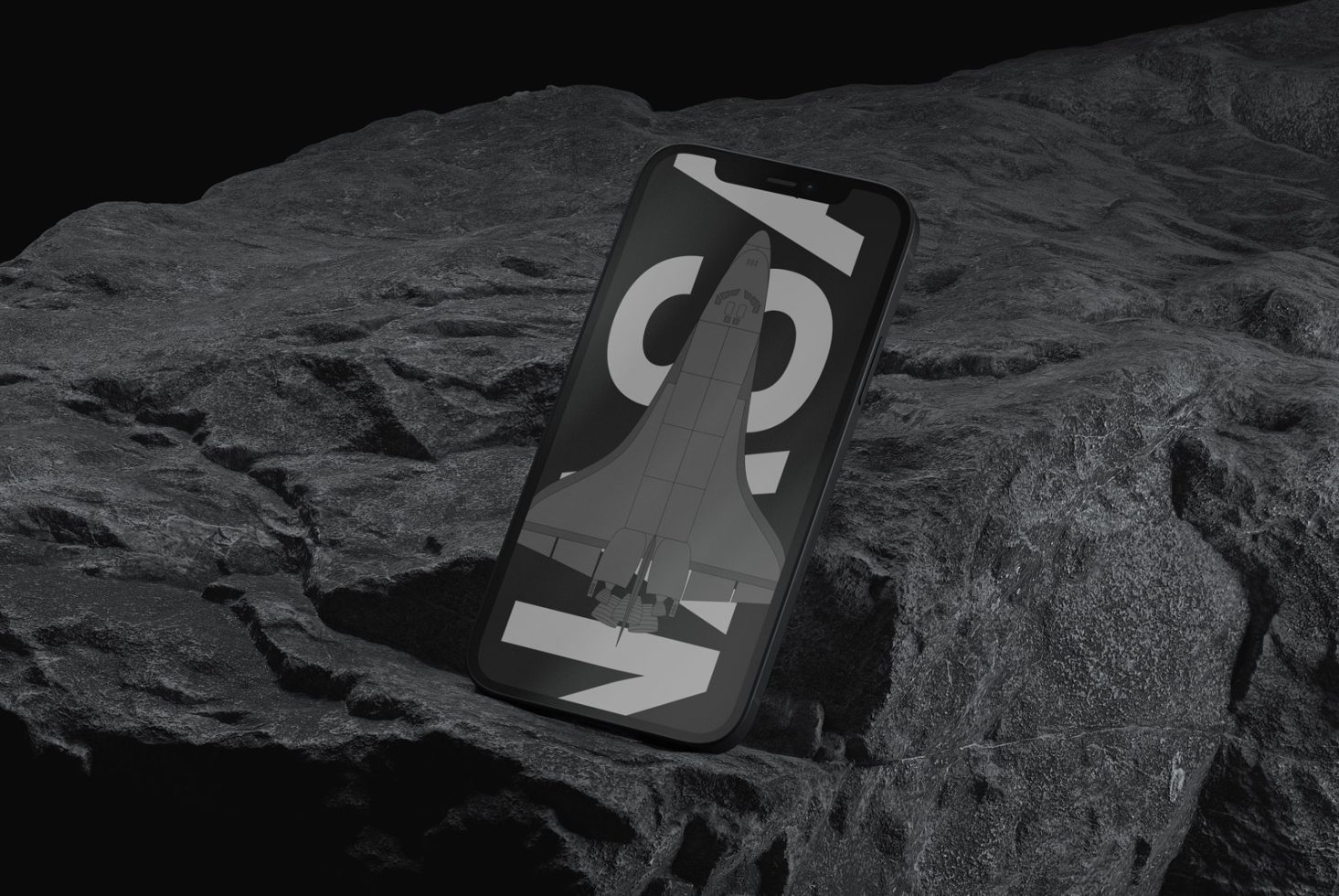 Smartphone mockup with graphic design screen on a rugged surface, ideal for showcasing app interfaces and designs for designers.