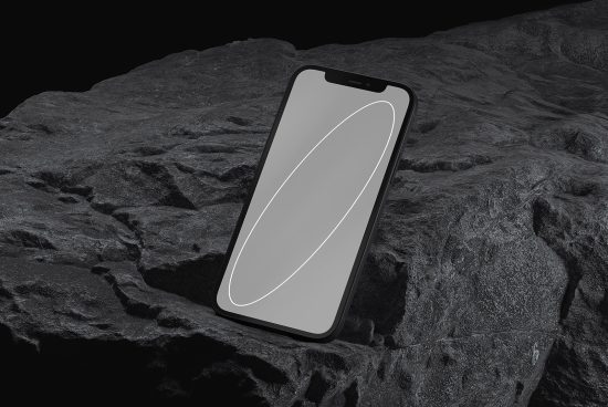 Smartphone mockup on a rugged rock surface in a dark setting, ideal for presenting app designs or UI/UX projects to enhance portfolio presentations.
