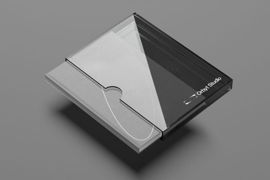 Elegant CD case mockup with a transparent cover on a gray background, ideal for showcasing album art designs and branding work.