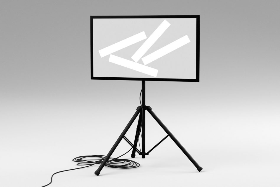 Film clapperboard on black tripod with white diagonal stripe pattern