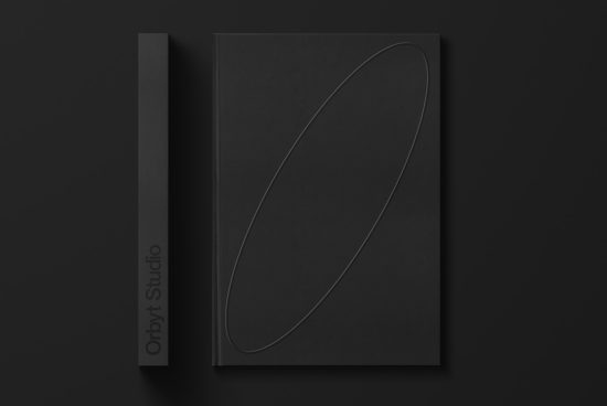 Elegant black book cover mockup on dark background, ideal for presenting branding, graphic designs, and logos.