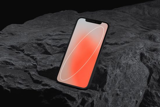 Smartphone mockup with a vibrant screen on a textured rock surface, ideal for design presentations and tech themes in templates.