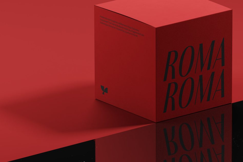 Red packaging box mockup with reflective surface and bold typography in product design, ideal for graphic designers and packaging templates.