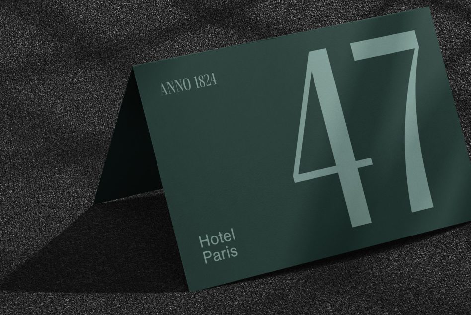 Teal folded card showing Anno 1824 Hotel Paris with large 47 number