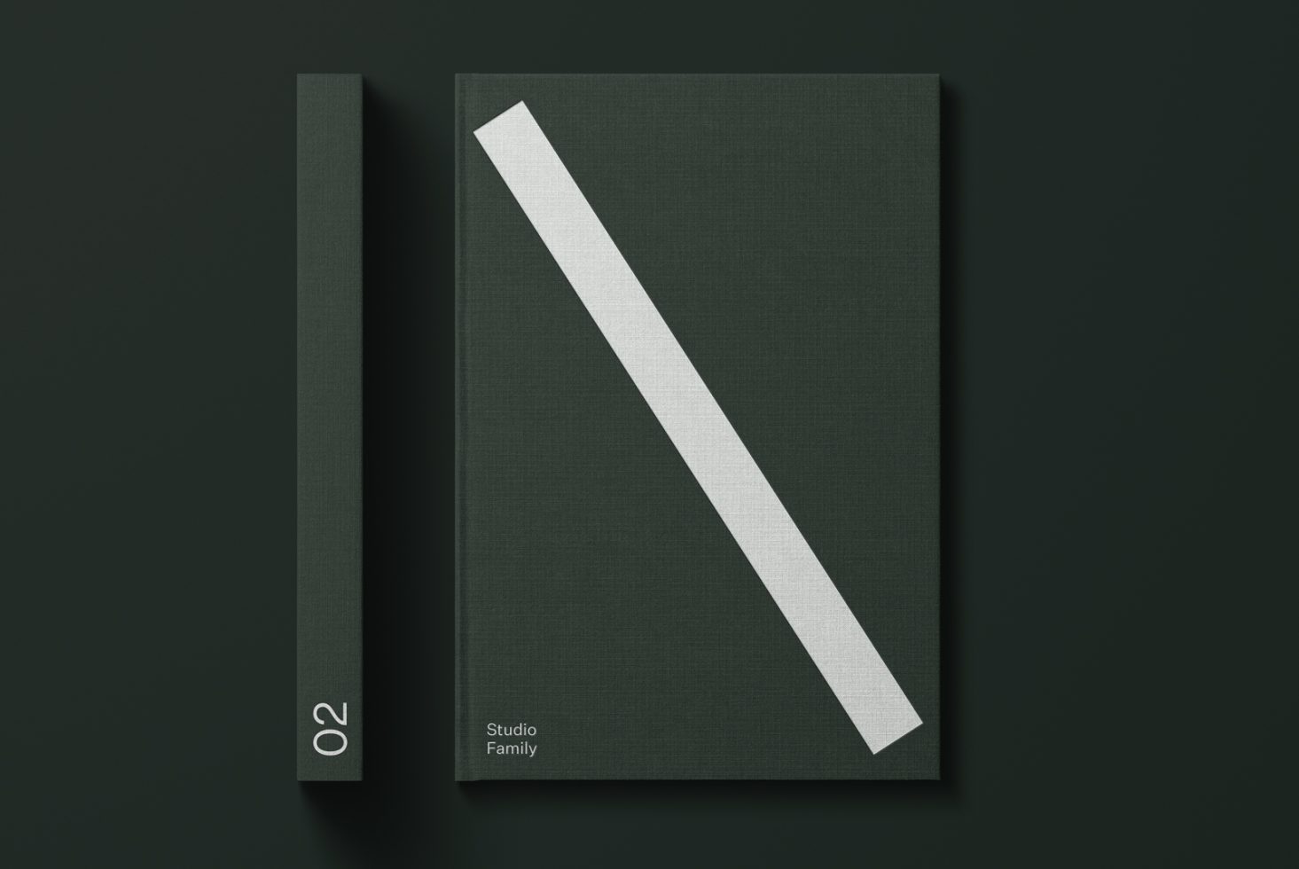 Elegant book cover and spine mockup with minimalist design, dark fabric texture, and diagonal white stripe for presentation and portfolio display.