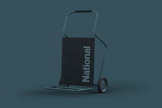 Hand truck mockup in minimalist style with promotional text space, displaying design versatility on a plain background for branding.