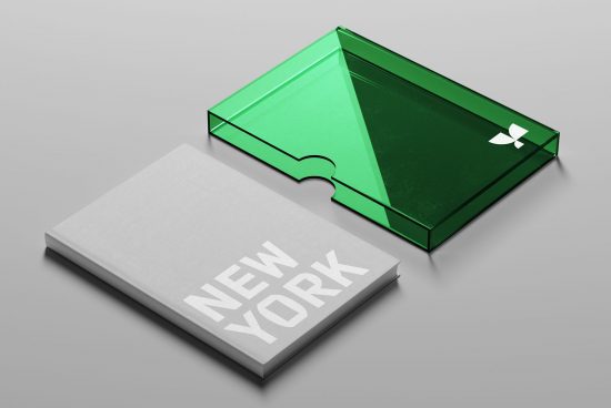 Hardcover book mockup with removable jacket, clean design, titled New York, in gray, with green translucent slipcase, ideal for presentations.
