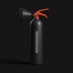 3D rendered fire extinguisher mockup with dark matte finish and orange handle on black background for product design and advertising templates.