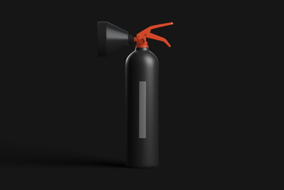 3D rendered fire extinguisher mockup with dark matte finish and orange handle on black background for product design and advertising templates.