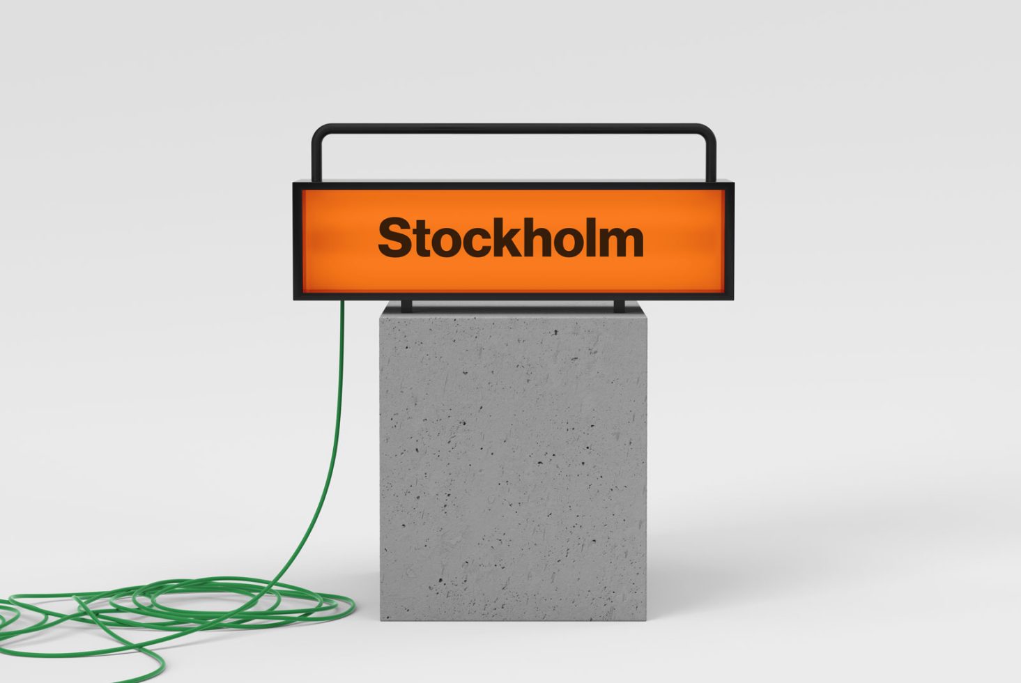 3D mockup of an illuminated sign with the text Stockholm on a minimalist concrete base, ideal for advertising and urban design presentations.