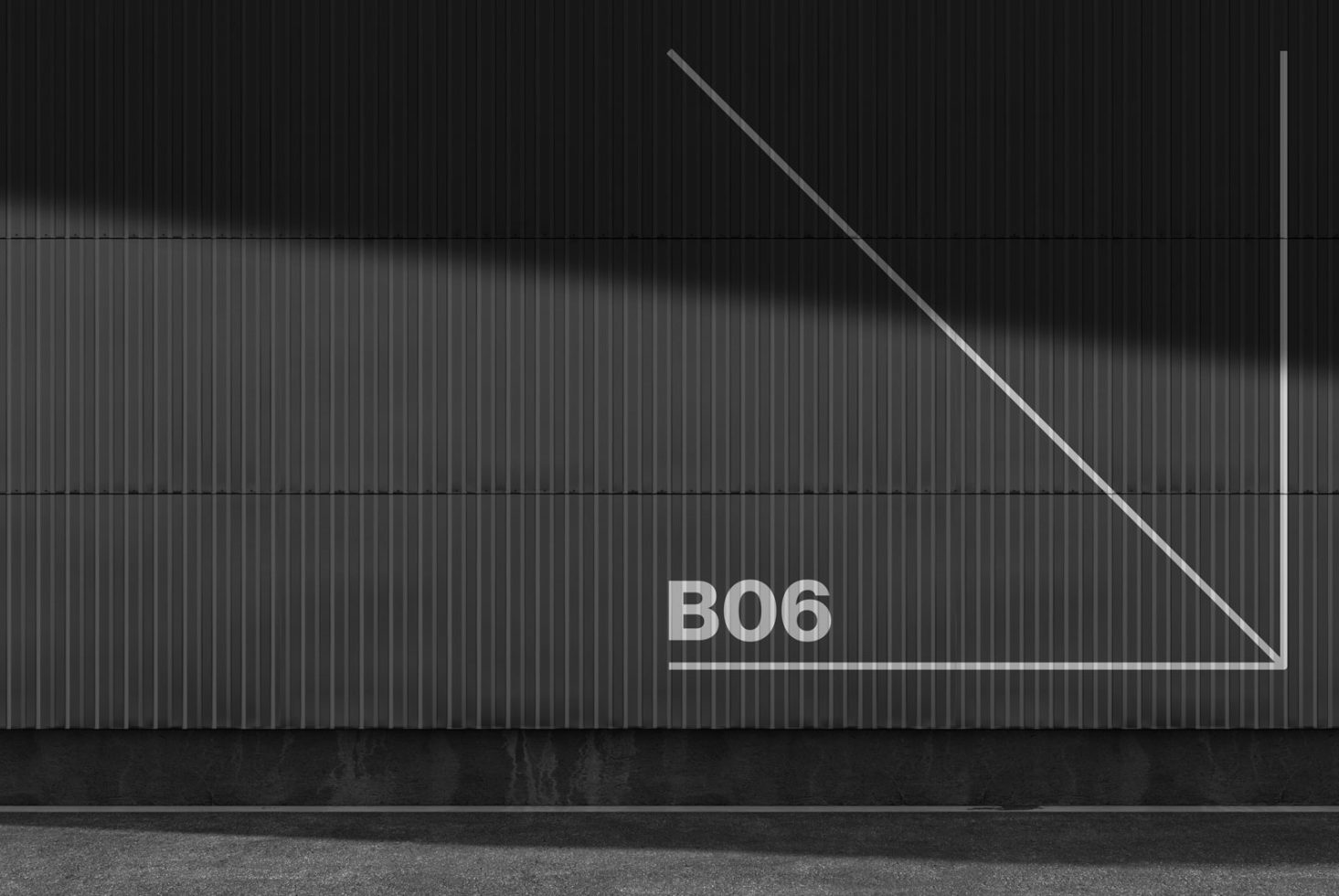 Minimalist black wall facade with abstract white geometric shape and typography B06, perfect for modern design mockups and graphic backgrounds.