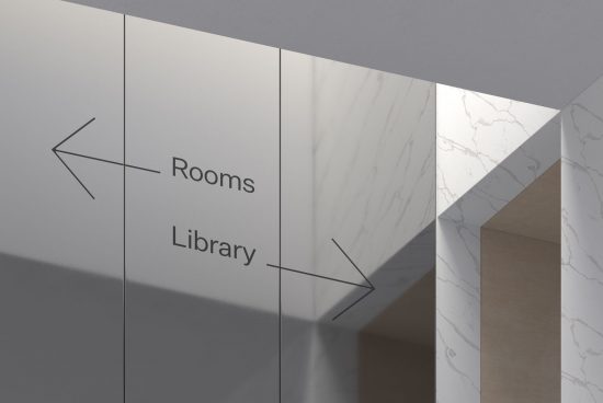Modern wayfinding signage mockup displayed in an interior corridor with elegant marble finish for graphic designers.