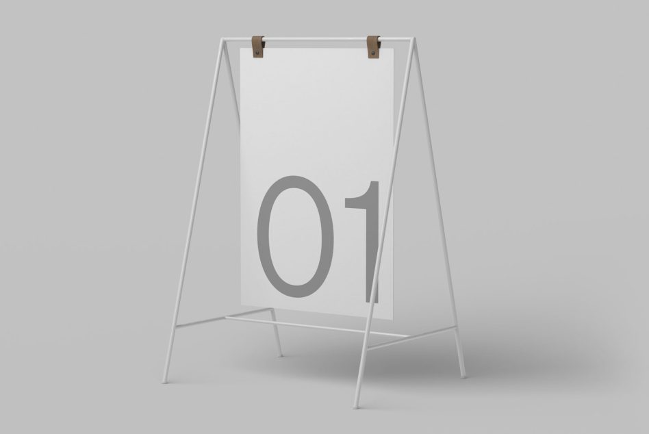 Minimalist sandwich board mockup with number 01 design, in a clean studio setting for graphic display template.