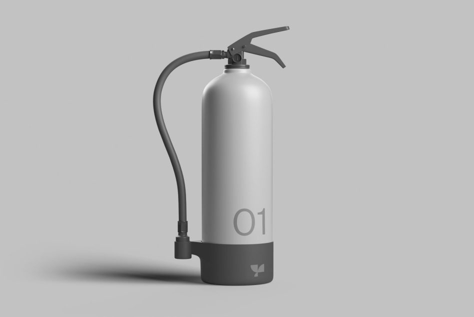 Silver fire extinguisher O1 with gray hose curved around the tank