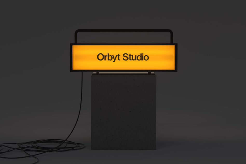 Bright yellow horizontal sign mockup orbyt studio on dark background glow