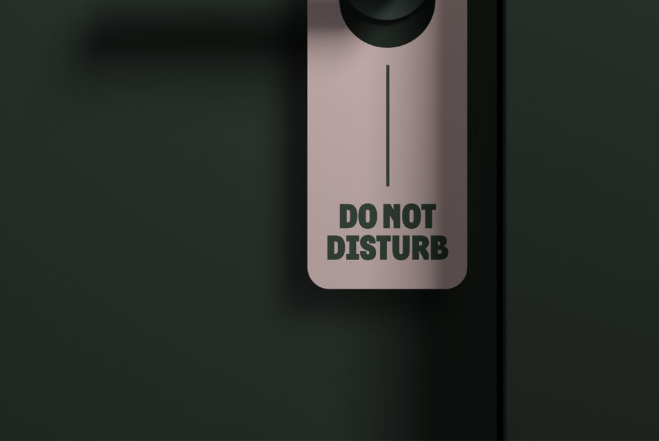 Door hanger tag in mauve with do not disturb message in bold green type