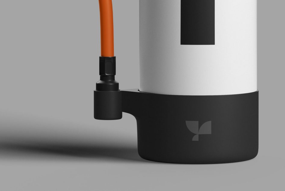 White cylindrical container with black band, orange hose attachment visible