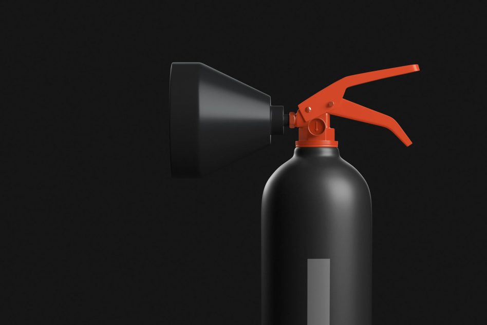 3D-rendered black fire extinguisher with a red handle on a dark background, ideal for mockup and graphic design projects.