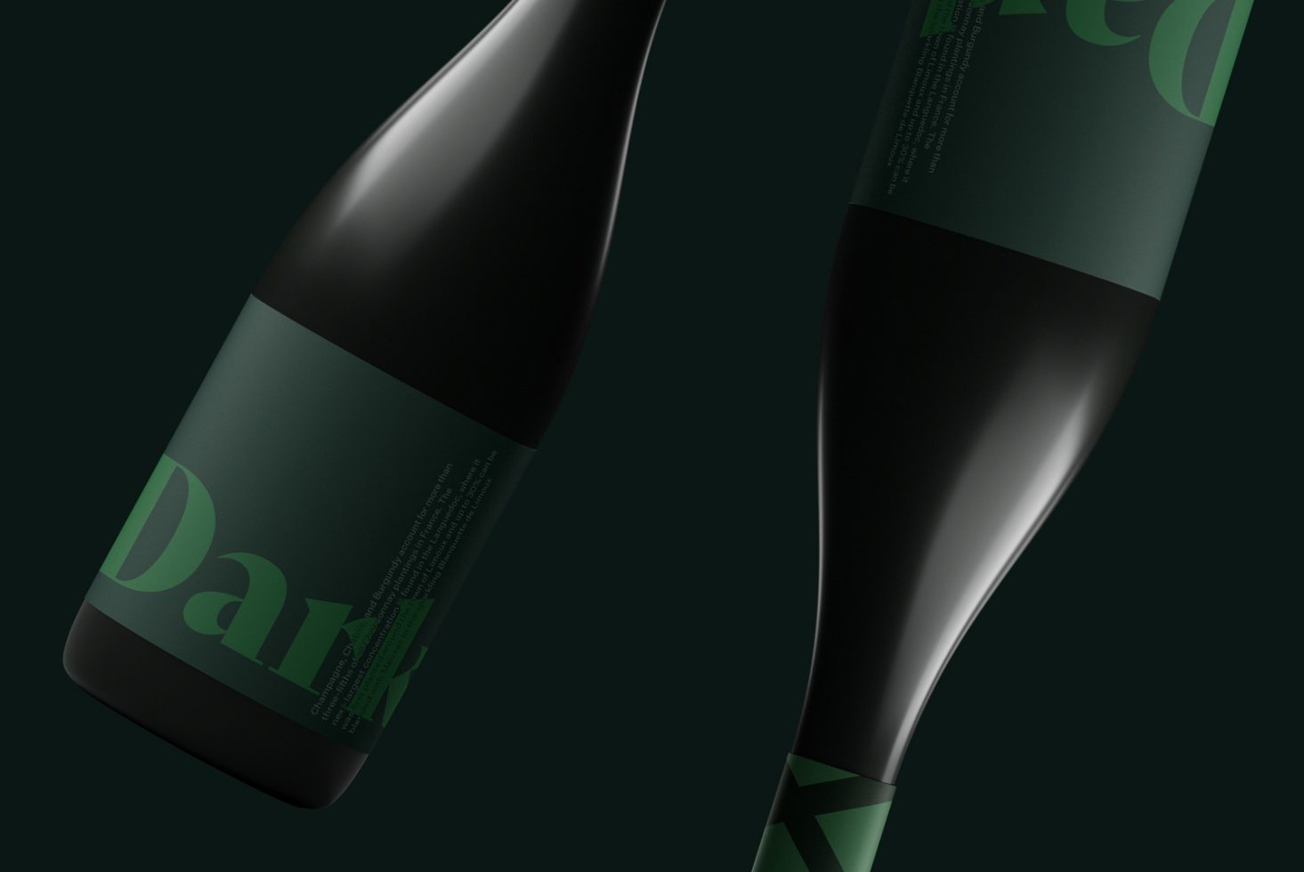 Elegant wine bottle mockup with dark branding, showcasing packaging design on dark green background, ideal for presentations and marketing.