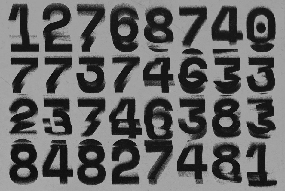 Stencil numbers in bold black on a grey background vintage textured spray-paint design suitable for use in typography or graphic design projects.