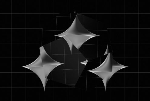 3D abstract monochrome shapes on a grid, digital art for graphic design, modern template background, creative visual asset.